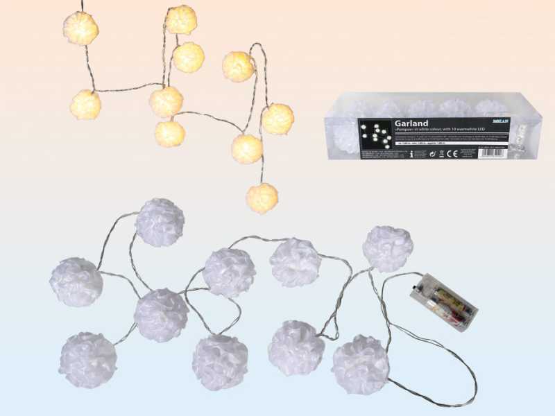 Světelný řetěz 10 LED látkové bílé koule 6 cm na baterie 1,8 m teplé světlo